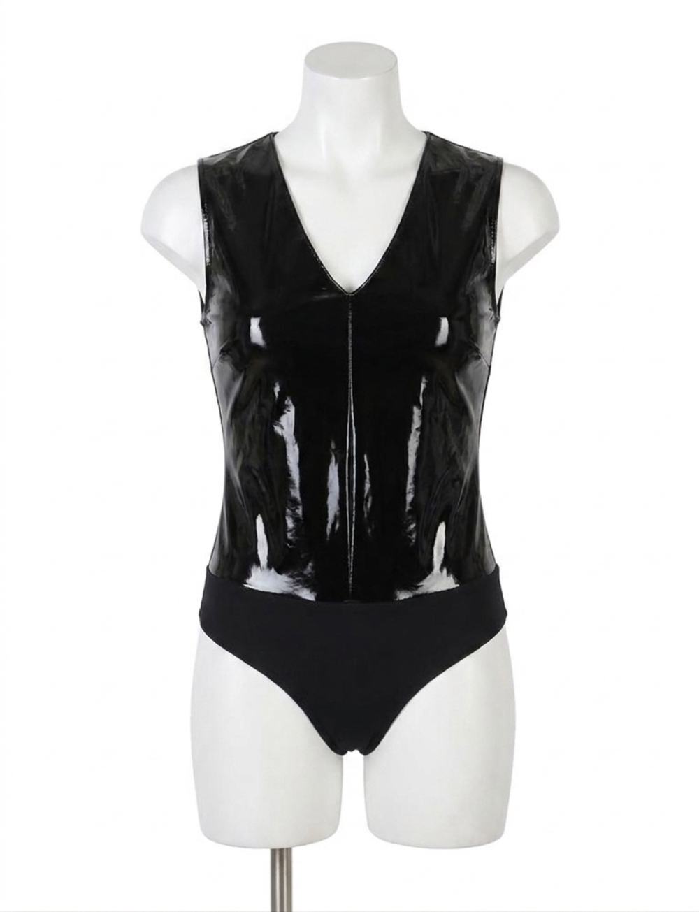 NEW COMMANDO faux patent leather v-neck bodysuit in black